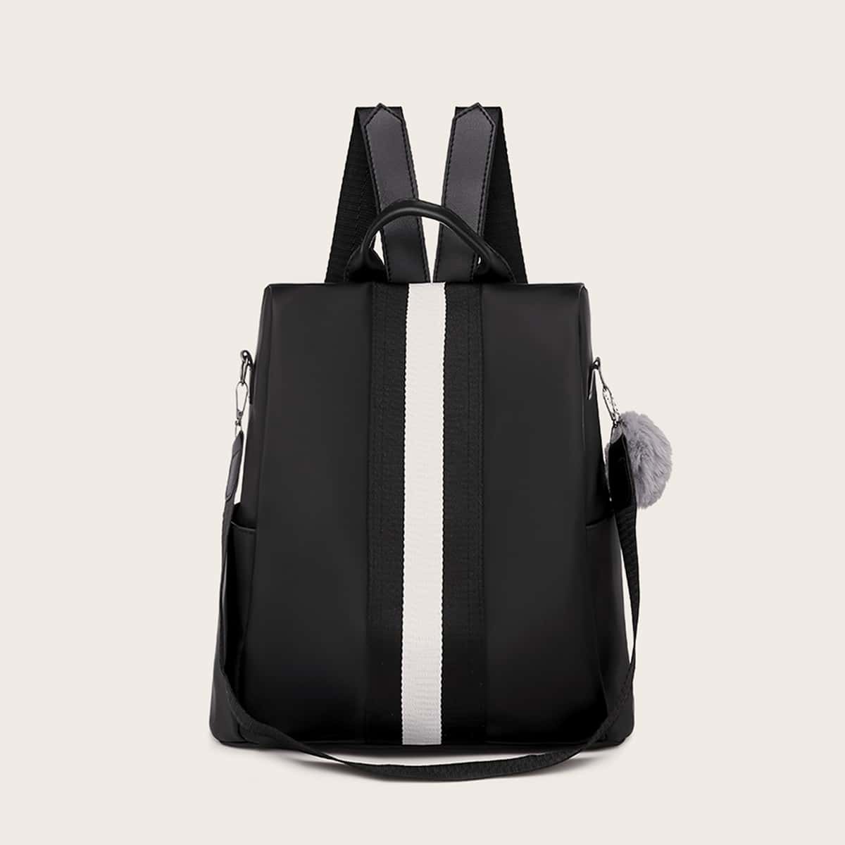 

Pom-pom Decor Side Pocket Backpack, Black and white
