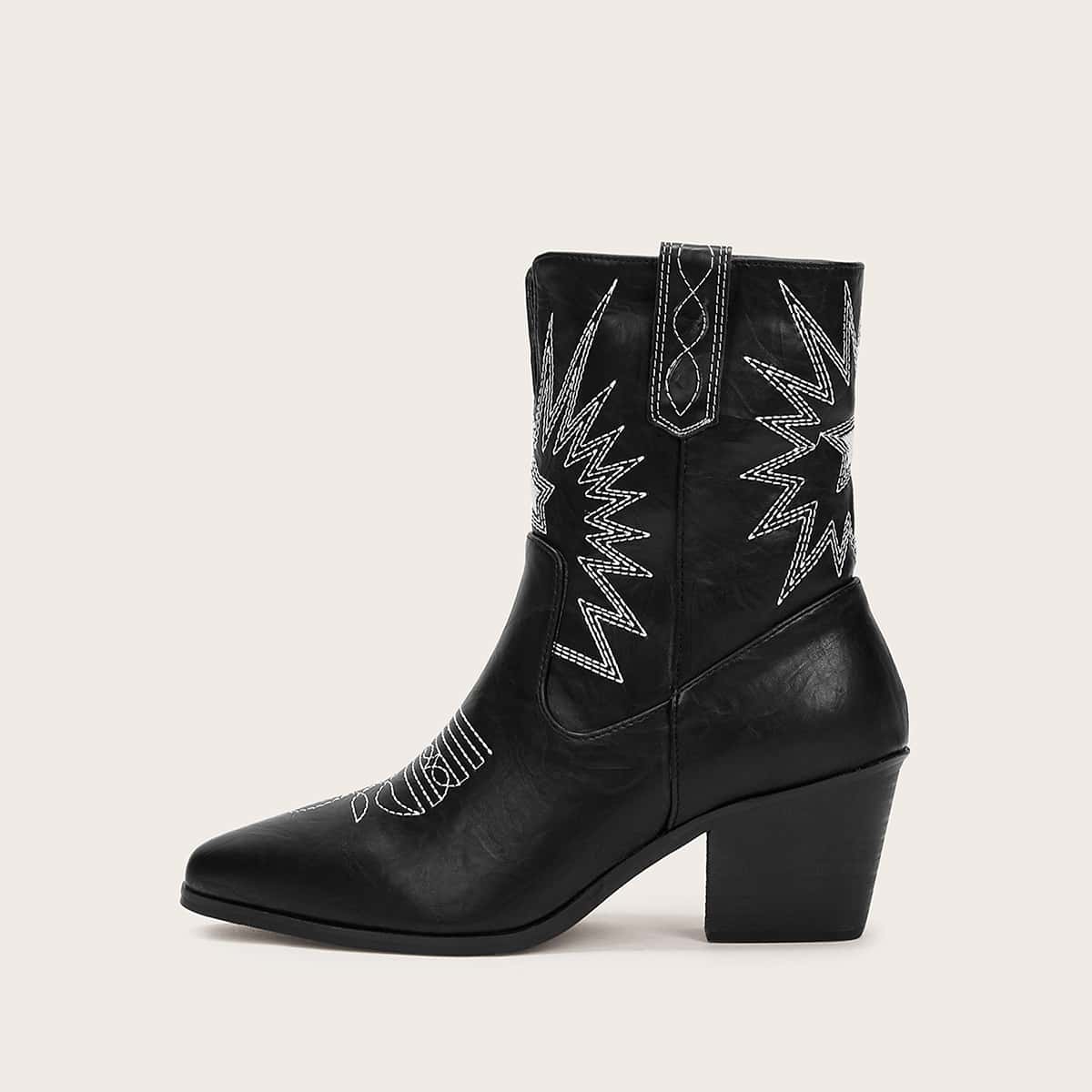 

Point Toe Stitch Detail Chunky Boots, Black