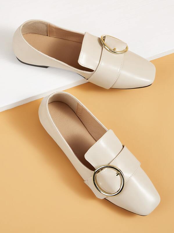 

Buckle Decor Square Toe Flats, White