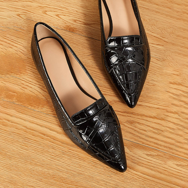 

Point Toe Croc Embossed Flats, Black