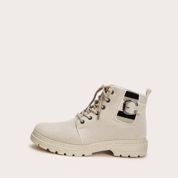 

Men Buckle Decor Lace-up Front Combat Boots, Beige