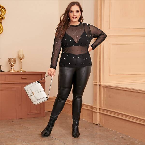 

Plus Pearls Detail Sheer Mesh Top Without Bra, Black