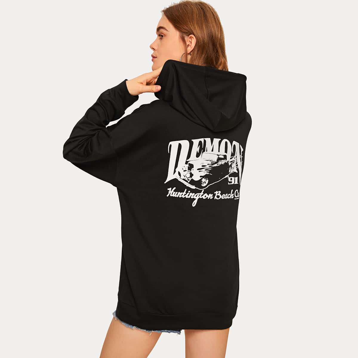 

Letter Graphic Kangaroo Pocket Drawstring Hoodie, Black