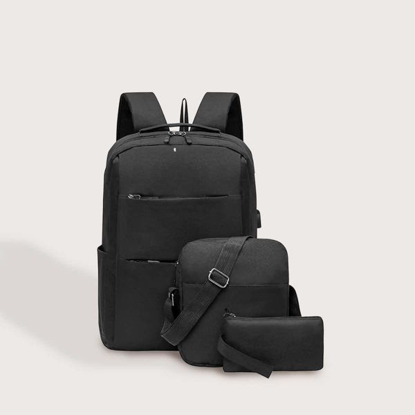 

3pcs Men Zip Front Backpack With Purse, Black