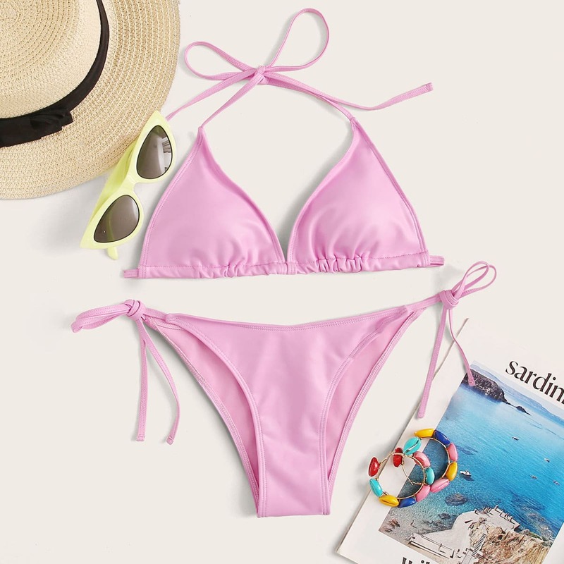 

Halter Triangle Top With Tie Side Bikini, Pink