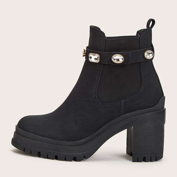 

Jewelled Decor Chunky Heeled Chelsea Boots, Black