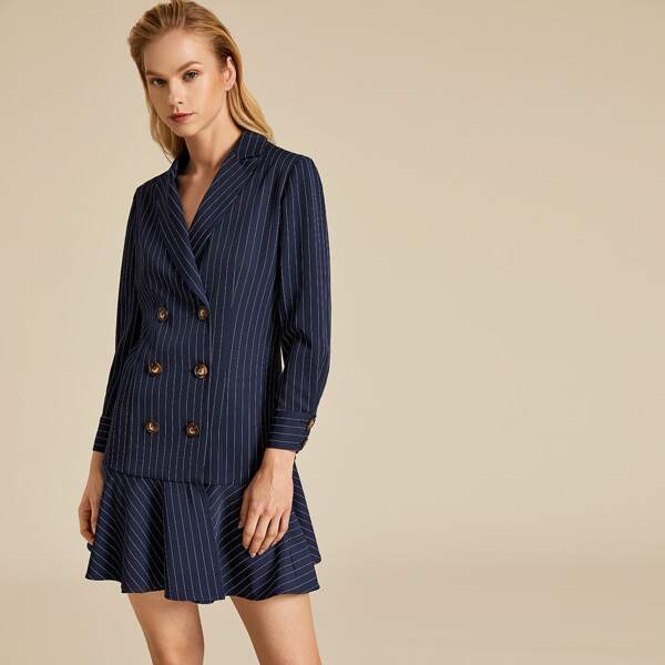 

Premium Double Breasted Ruffle Hem Striped Blazer Dress, Navy