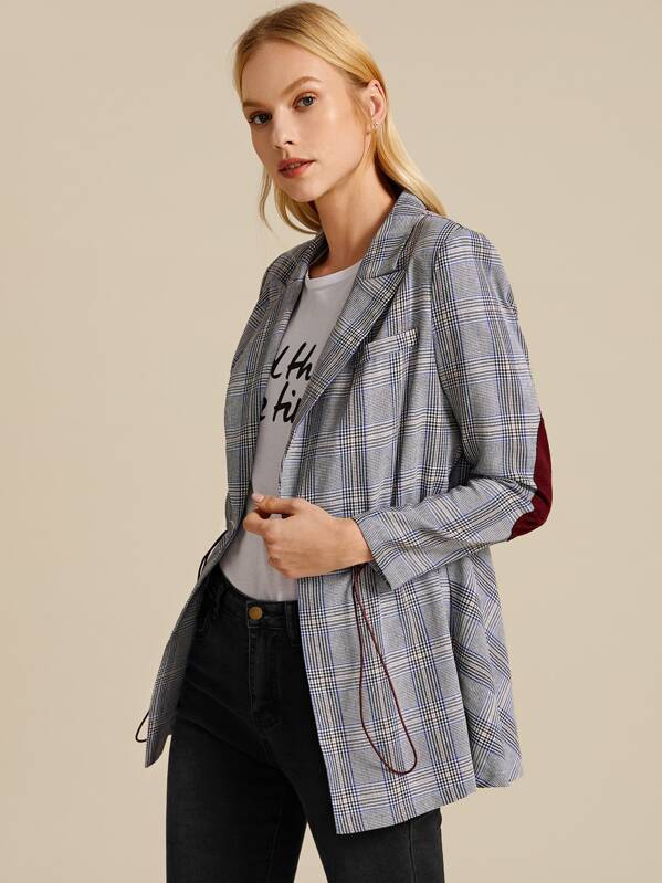 

Lapel Collar Drawstring Waist Contrast Elbow Patch Plaid Blazer, Grey, Denisa