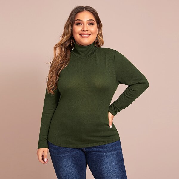 

Plus High Neck Solid Sweater Without Scarf, Army green