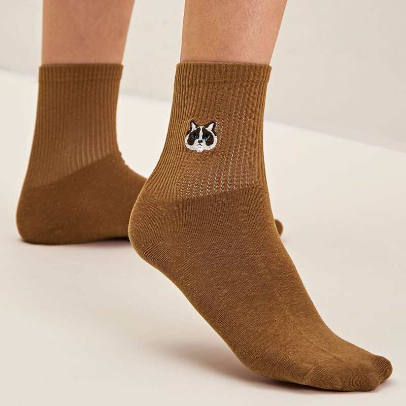 

1pair Dog Embroidery Socks, Brown