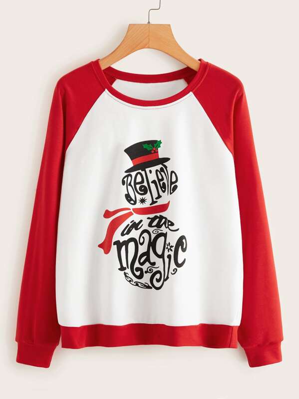

Raglan Sleeve Christmas Print Color-block Sweatshirt, Multicolor