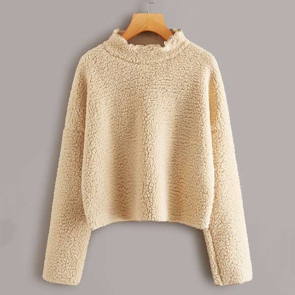 

Frill Trim Mock Neck Teddy Oversized Sweatshirt, Beige