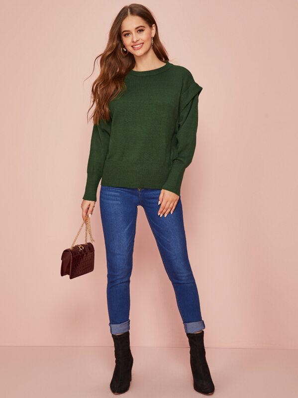 

Solid Drop Shoulder Ribbed Sweater, Green, Sonya