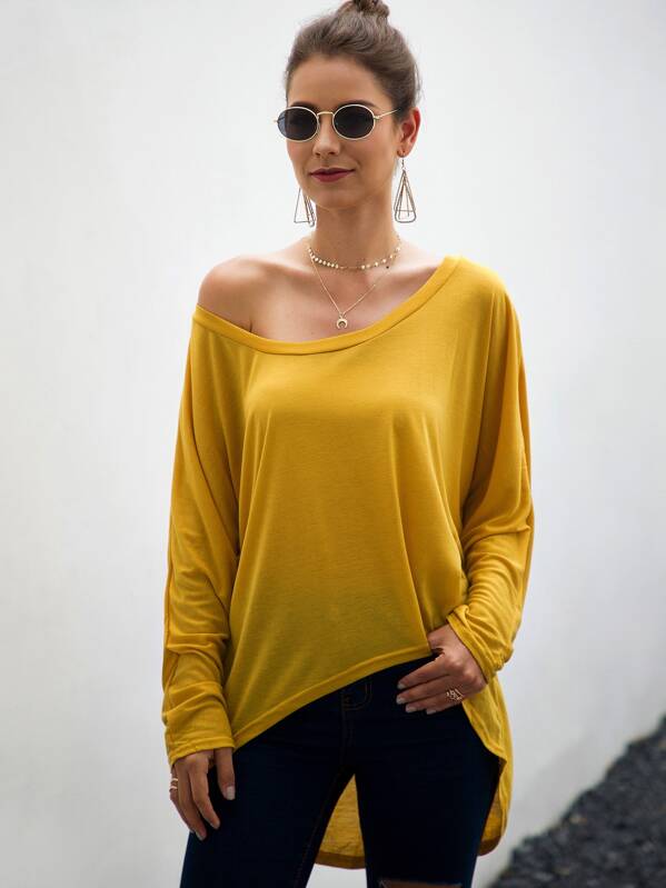 

Batwing Sleeve High Low Solid Tee, Yellow, Debi