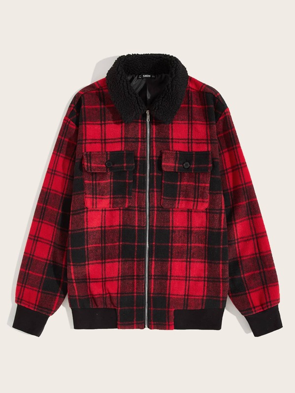

Men Flap Pocket Front Plaid Jacket, Red