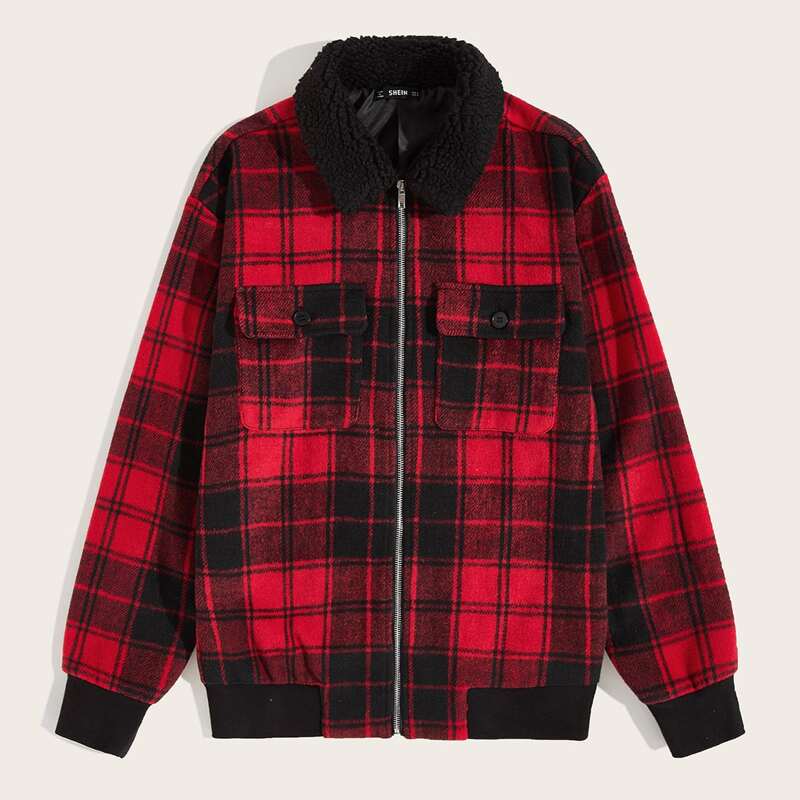 

Guys Flap Pocket Front Plaid Jacket, Red