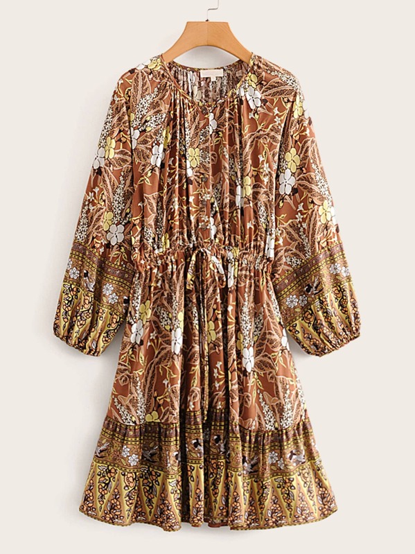 

Floral And Tribal Print Drawstring Waist Dress, Multicolor