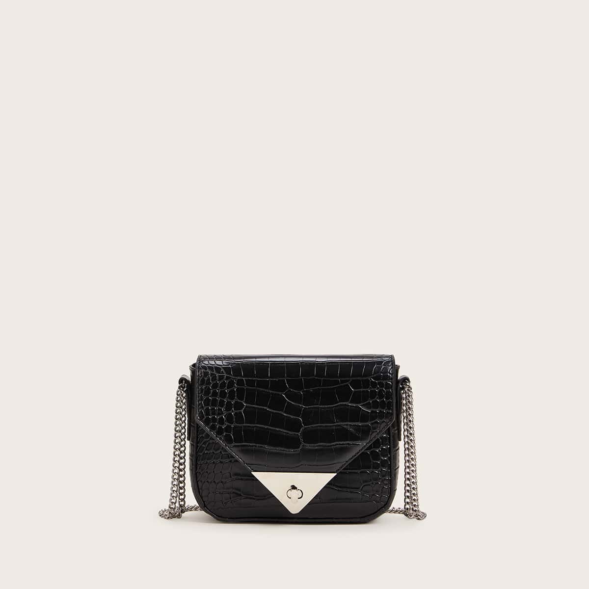 

Croc Embossed Flap Chain Crossbody Bag, Black
