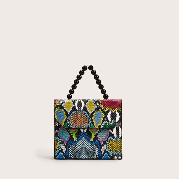 

Snakeskin Print Flap Satchel Bag, Multicolor