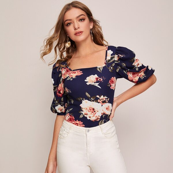 

Floral Print Square Neck Puff Sleeve Top, Navy