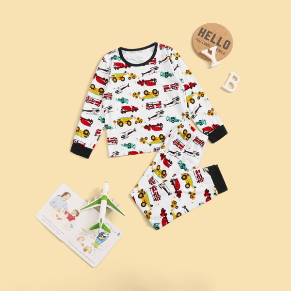 

Boys Cartoon Car Print PJ Set, White