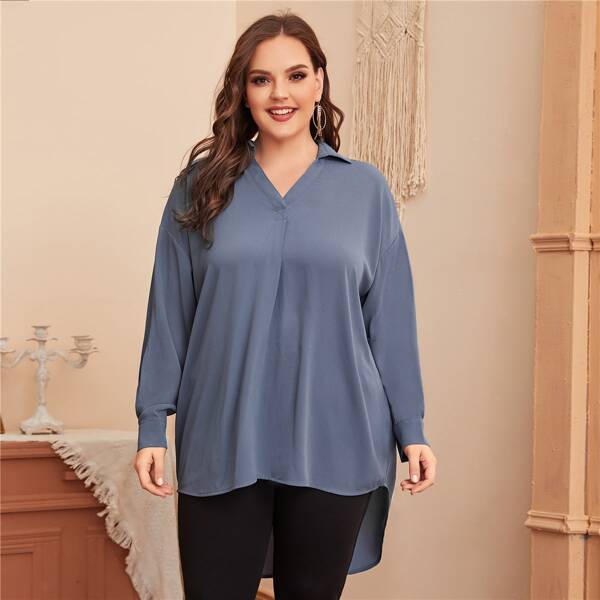 

Plus High Low Hem Solid Blouse, Blue