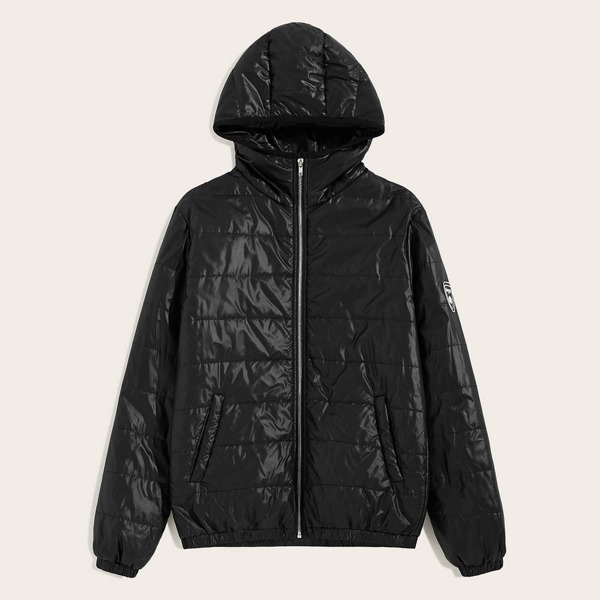 

Men Patched Detail Zip Front Padded Jacket, Black