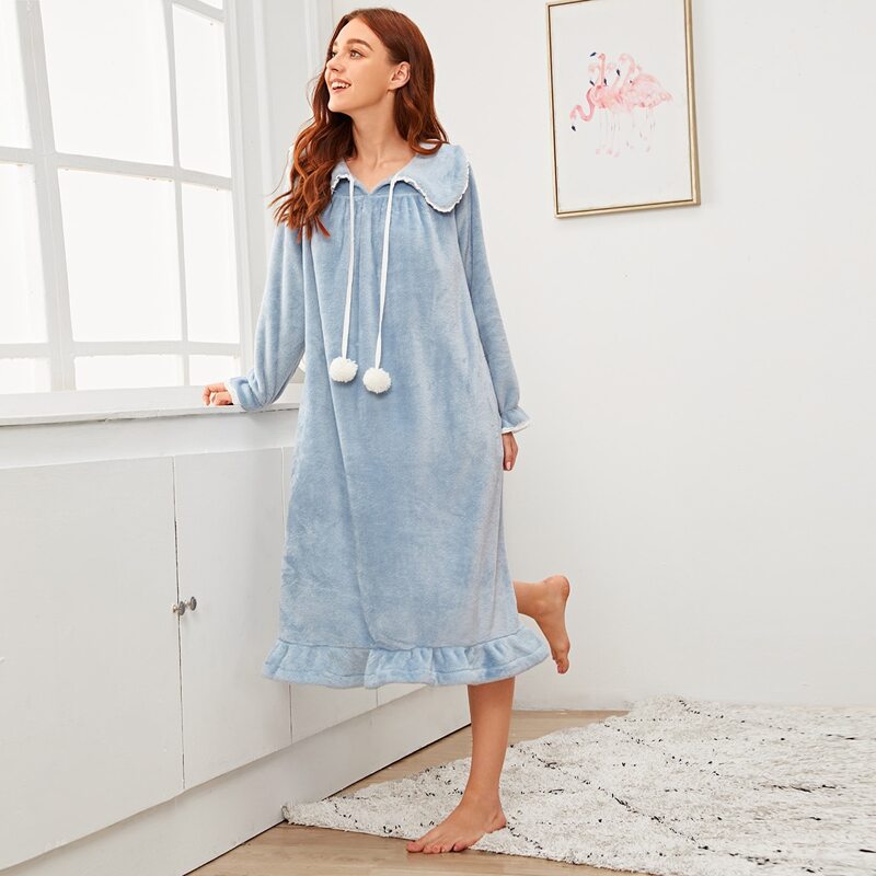 

Contrast Lace Ruffle Trim Night Dress, Blue
