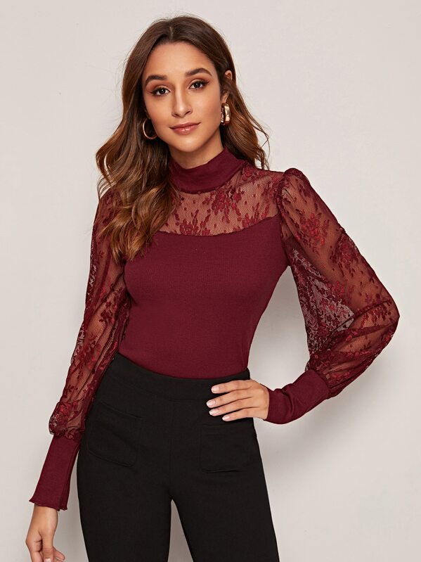 

Lace Bishop Sleeve Fitted Top, Burgundy, Gabi B