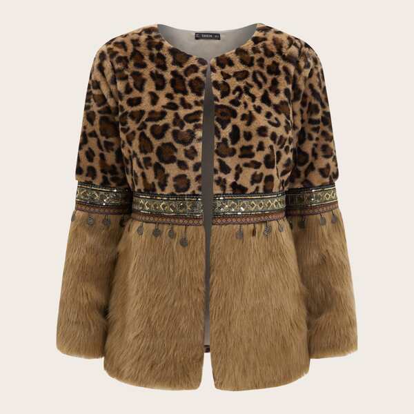 

Contrast Sequin Aztec Tape Leopard Faux Fur Coat, Multicolor