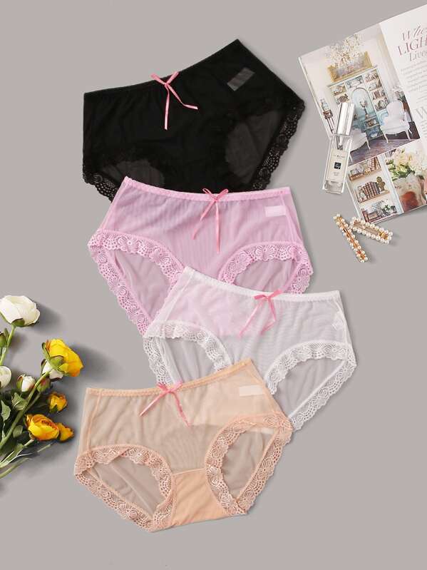 

4pack Lace Trim Sheer Panty Set, Multicolor