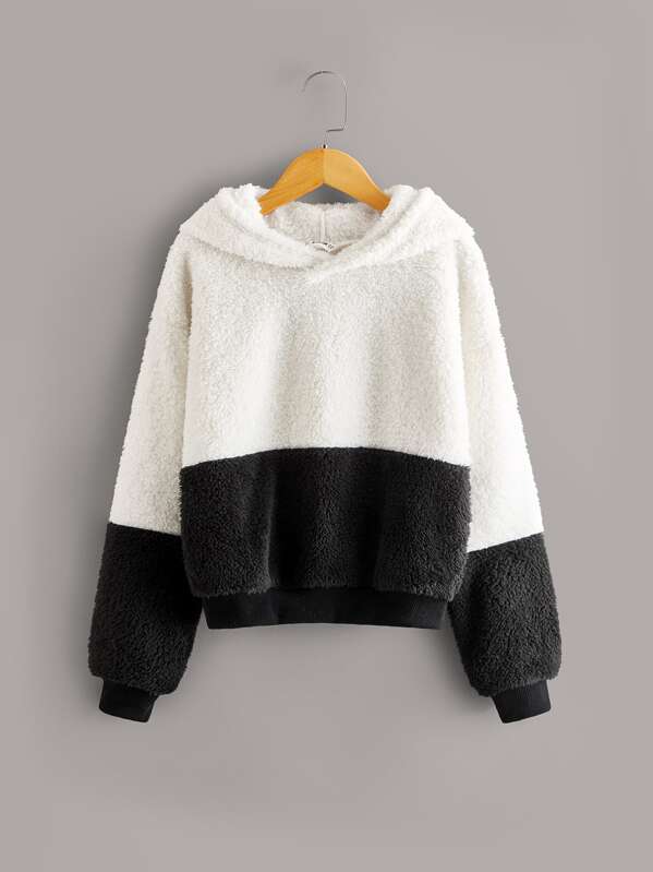 

Girls Colorblock Teddy Hoodie, Black and white