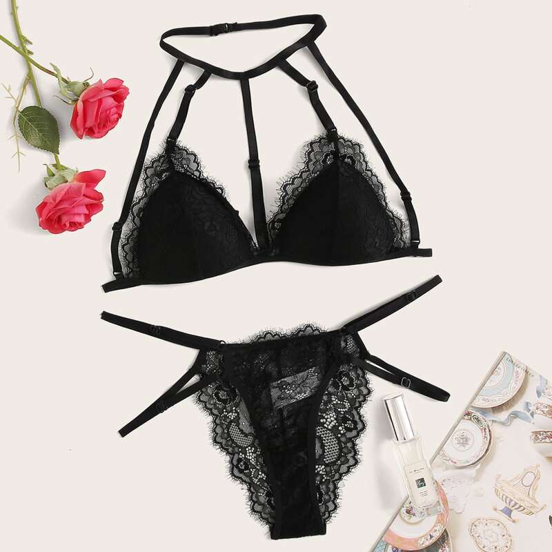 

Floral Lace Choker Lingerie Set, Black