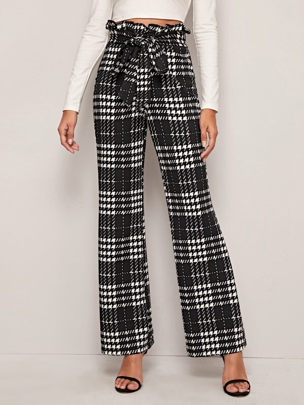 

Paperbag Waist Belted Plaid Palazzo Pants, Black and white, Gabi B