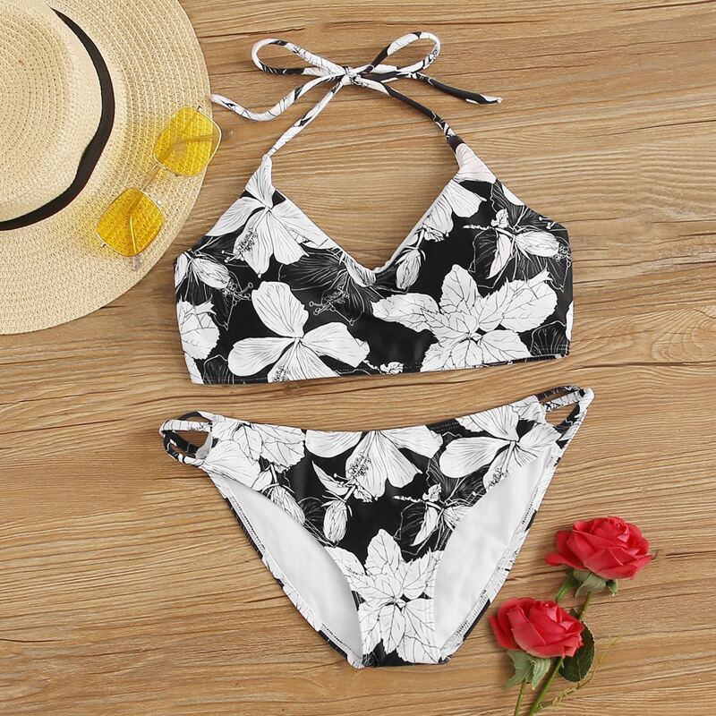 

Floral Print Halter Top With Cutout Bikini Set, Black and white