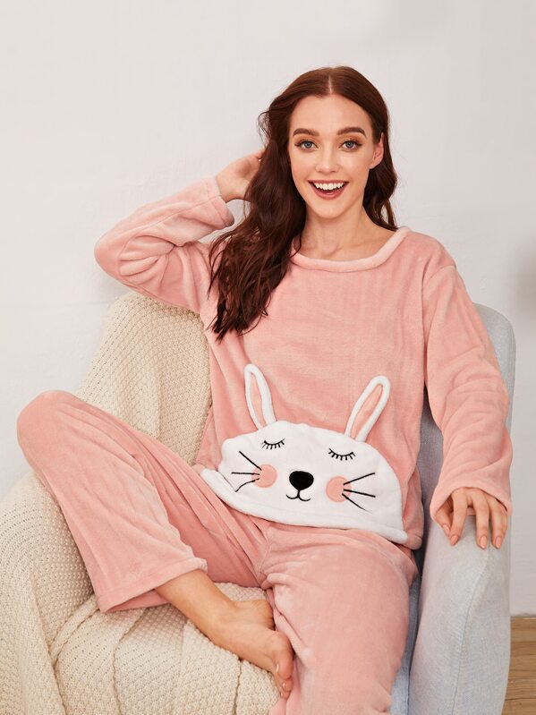 

Cartoon Pattern PJ Set, Pink, Poly