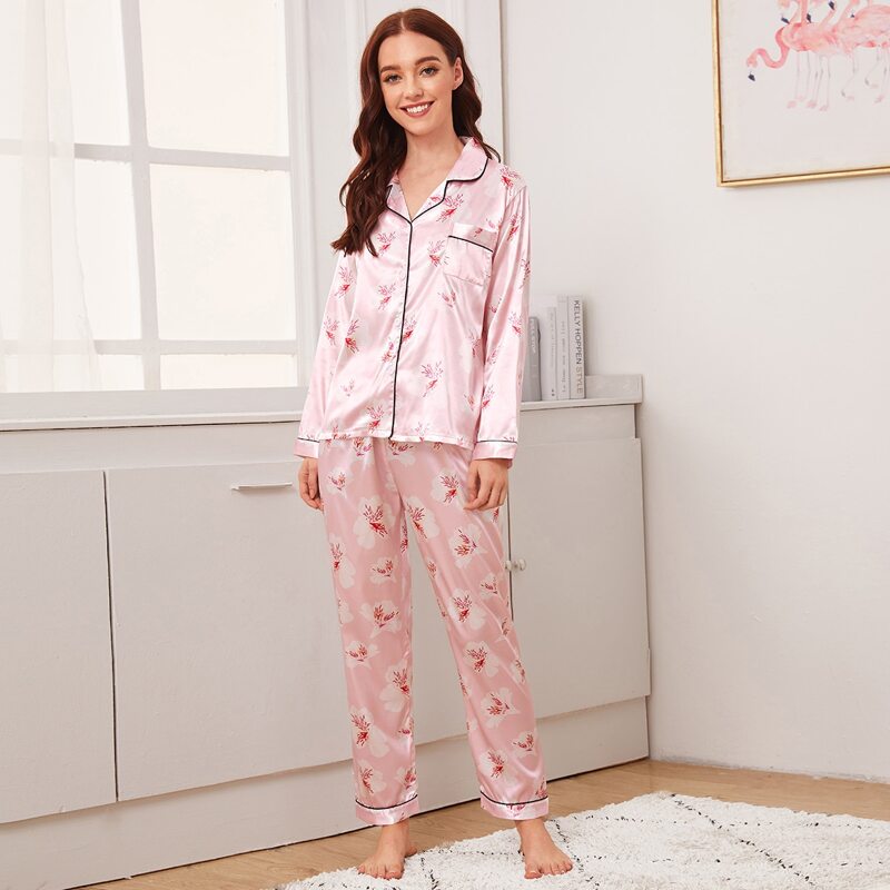 

Floral Print Button-up Satin PJ Set, Pink