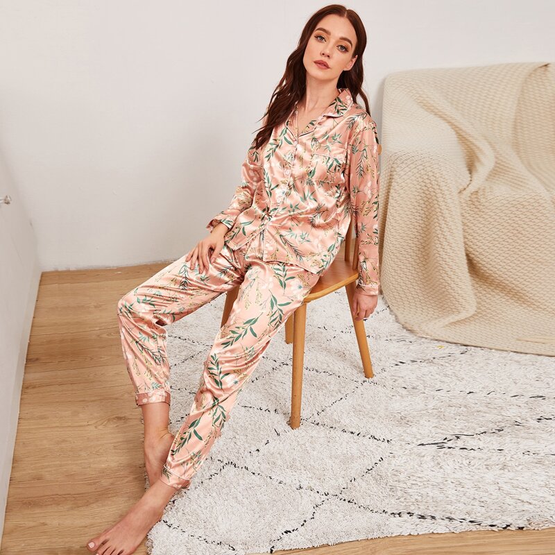 

Plant Print Button-up Satin PJ Set, Pink