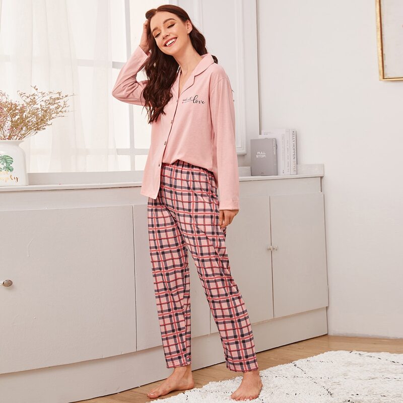 

Letter & Plaid Print PJ Set, Pink
