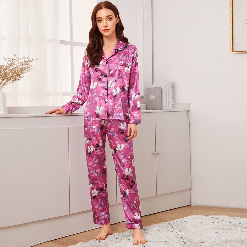 

Floral Print Button-up Satin PJ Set, Pink