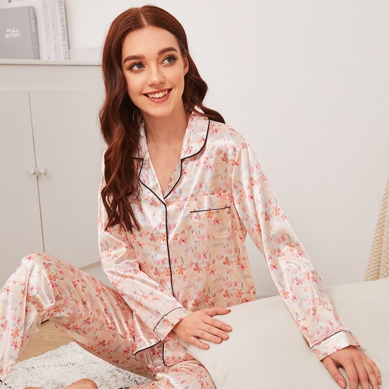 

Floral Print Button-up Satin PJ Set, Beige