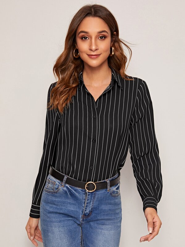 

Fold Pleated Back Curved Hem Striped Blouse, Black, Gabi B