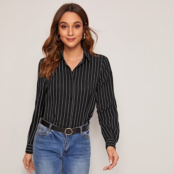 

Fold Pleated Back Curved Hem Striped Blouse, Black