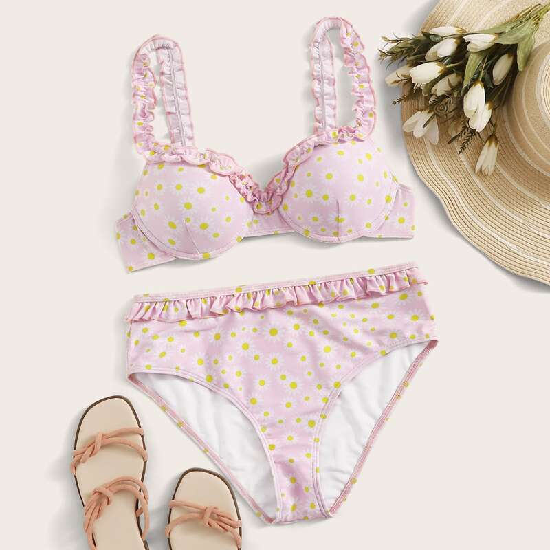 

Daisy Ruffle Top With High Waist Bikini Set, Pink