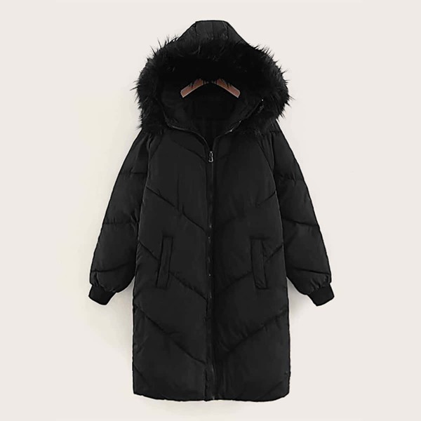 

Solid Contrast Faux Fur Hooded Puffer Coat, Black