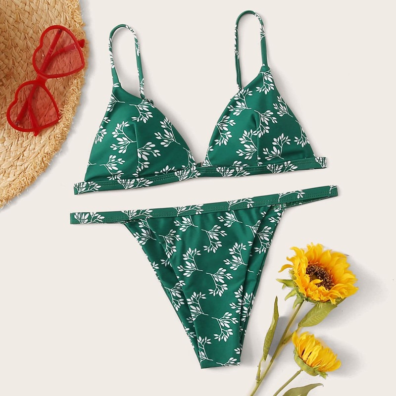 

Plant Print Triangle Bikini Set, Green