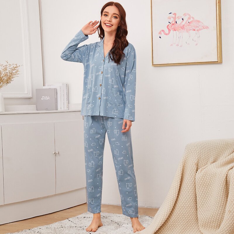 

Cartoon Bear Print Button-up PJ Set, Blue