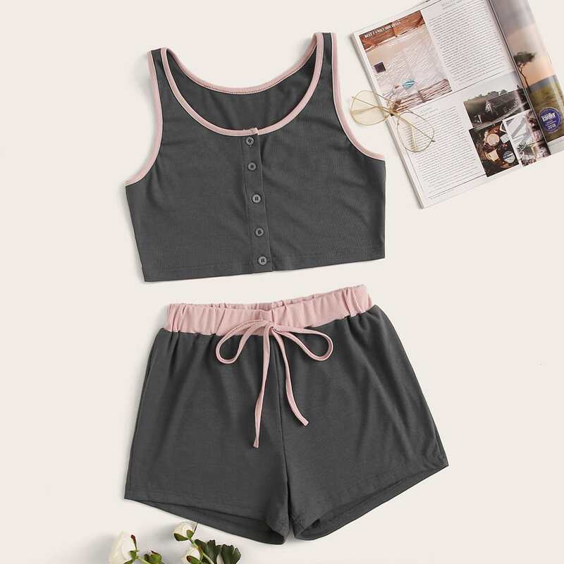 

Rib Contrast Side Button-up PJ Set, Grey