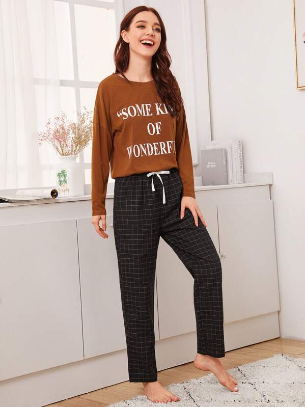 

Letter & Plaid Print PJ Set, Multicolor, Poly