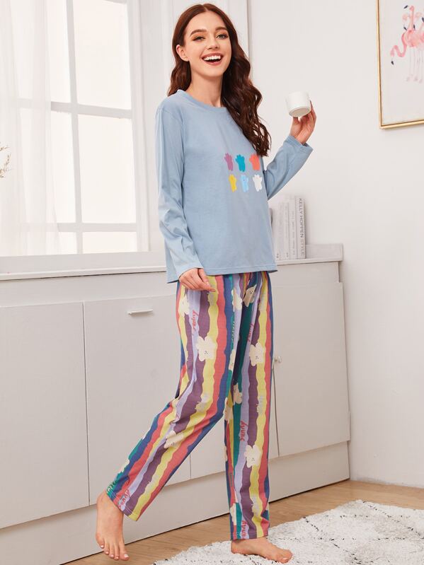 

Multi-color Cartoon Bear Print PJ Set, Multicolor, Poly